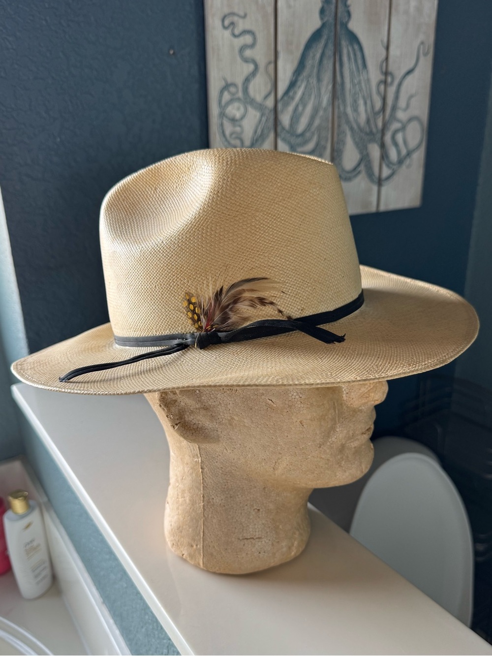 Vintage 1970’s Beaver Hat Shantung Feather & Ribbon XXXXXXX Straw Hat Size 7 1/8